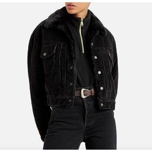 $128 Levis Premium Womens Size M Black Corduroy Sherpa Heritage Trucker Jacket